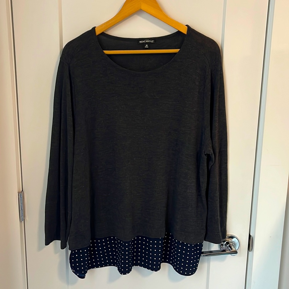 J Crew Mercantile grey top w polka dot hem 2X